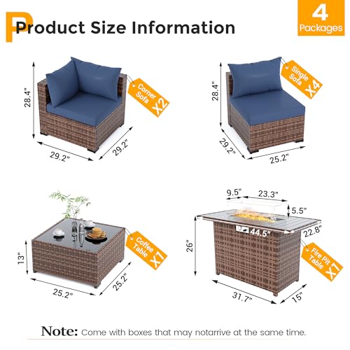 UDPATIO Outdoor Patio Furniture Set with Fire Pit Table, 8 Piece Outdoor Sectional Sofas, All-Weather Wicker Patio Conversation Set for Garden, Backyard Navy Blue