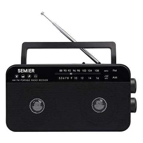 SEMIER AM FM Portable Radio, Battery Operated Analog Radio by 3X D Cell Batteries Or AC Power Transistor Radio with Double Big Speaker, Standard Earphone Jack, Bass Tone Mode and Large Knob Cover