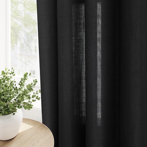 Image of Black Linen Curtains 96 inches Long for Living Room Grommet Semi Sheer Light Reducing Curtain Drapes 2 Panel Set Airy Lightweight Privacy Textured Window Treatments Panel for Bedroom 8Ft Tall 52x96