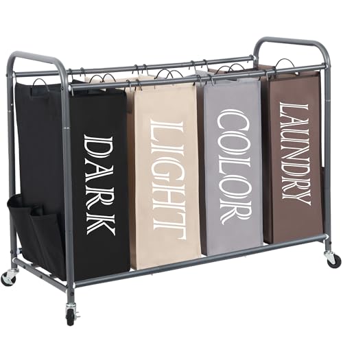 Image of STORAGE MANIAC Laundry Sorter 4 Section, 47.5 Gal (180 L) Laundry Hamper with Wheels, Clothes Divider Basket Sorter, Separator Hamper Cart with Removable Bags, Multicolored