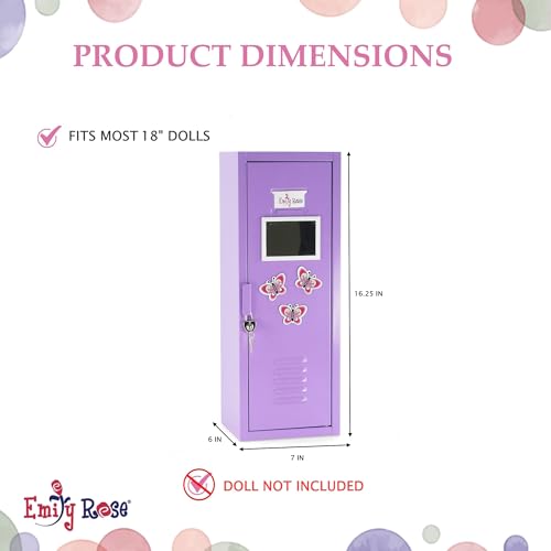 18 Inch Doll Furniture | School Locker Storage Wardrobe with Working Lock and Key, 5 Clothes Hangers, Magnetized Mirror, 3 Butterfly Magnets and Name Card | Fits American Girl Dolls
