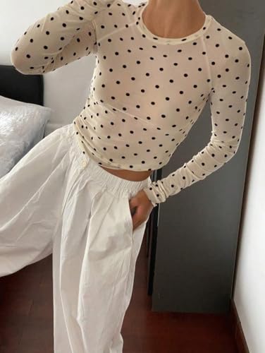 Floral Mesh Top for Women Crew Neck Long Sleeve See Through Tee Shirts Fitted Sexy Going Out Tops4