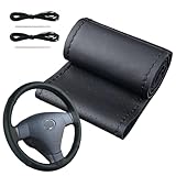 WeBirth ステアリングカバー 編み込み 本革【ハンドル形状ぴったり設計】 日本企業 しっとり柔らかい本革 丁寧な動画説明 ハンドルカバー 通気性 手縫い (ブラック×ブラックステッチ, 幅9.5㎝)