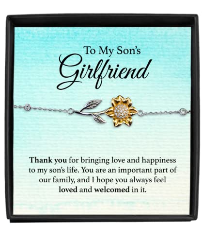 To My Son’s Girlfriend Gift, Sterling Silver and CZ Jeweled Sunflower Bracelet Gift for Son’s Girlfriend