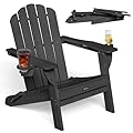 Eesdom Folding Adirondack Chair, HDPE Adirondack Chair with 2 Cup Holders, Pre-Assembled Outdoor Fire Pit Chairs for Patio, Garden, Poolside, Black