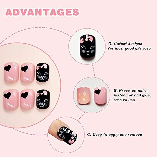 Kalolary 144 PCS 6 Pack Stick on Nails for Kids, Children Nails Press on Pre-glue Full Cover Candy Pattern Short False Nail Kits, Lovely Gift for Kids Little Girls Nail Art Decoration