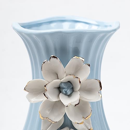 Image of Market99 Blue Ceramic Curvy Vase | Engraved Floral Pattern Flower Holder | Stylish, Handcrafted Vase for Flowers, Indoor Centerpieces, and Office Decor Idea for Housewarmings, Weddings