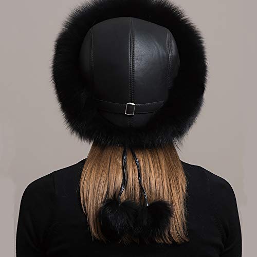 Women's Real Fox Fur and Sheepskin Winter Hat - Natural Thick Warm Hat (55-60cm, Black)