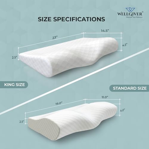 Image of WELLGIVER Cervical Memory Foam Pillow for Neck Pain | 2 Year Warranty | 23 x 14.5 x 4.5 Inch King | Orthopedic Pillow Spondylitis Neck & Shoulder Pain | Washable Jacquard White Cover | Pack of 2