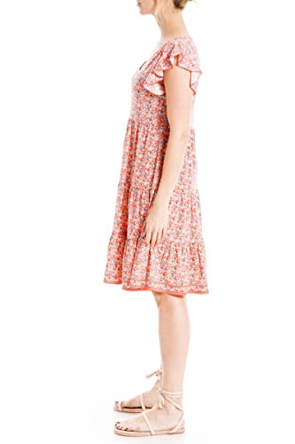 Max Studio Women's Flutter Sleeve Short Tiered Dress, Coral/Blue Hamsa Paisley, X-Large #TOP1