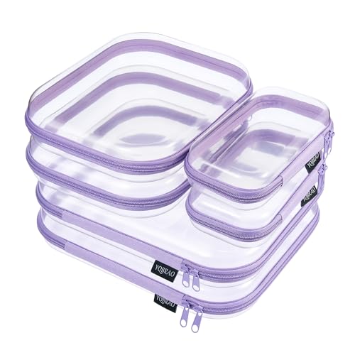 YQBRAO 6 Pack Clear Hard Shell Zipper Case, See-Through Hard Plastic Organizer Pouches with Zipper for Travel, Toiletries, Makeup, Electronics & Pencils - Crush-Resistant Storage (Purple)