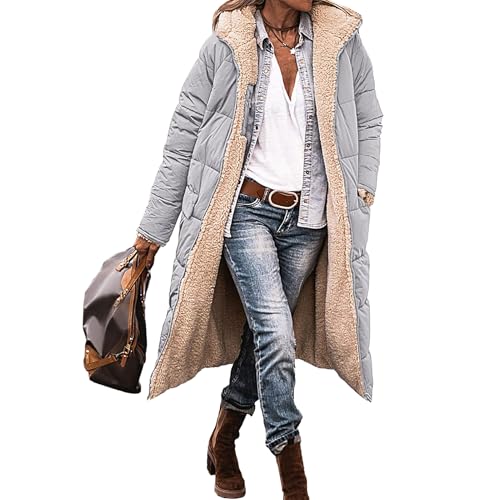 Generico Chaqueta de plumón para mujer con capucha reversible con cremallera Abrigo de invierno suave y delgado bolsillos para camping, compras, plateado, X-Large
