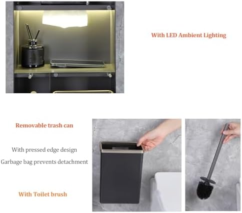 Stainless Steel Hidden Trash Can Cabinet with LED Light, Recessed Toilet Paper Holder & Brush Set, Space-Saving Storage Solution for Bathrooms & Restrooms