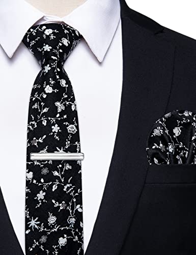 Image of YourTies Cotton Floral Tie for Men 2.5 inch Printed Skinny Necktie Pocket Square Tie Clip Set Flower Wedding Party Groom