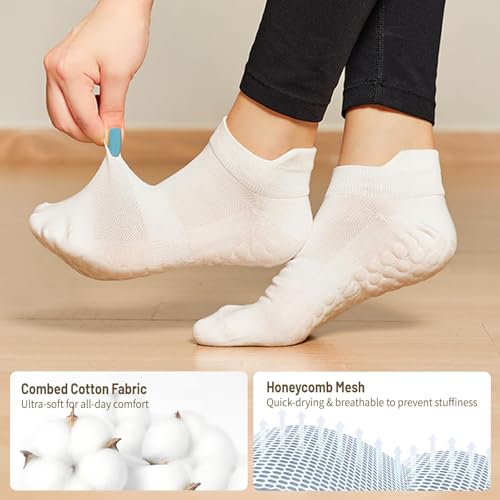 Image of Non-Slip Pilates Yoga Socks for Women Cotton Crew Striped Bow Embroidery for Barre Ballet Dance Workout