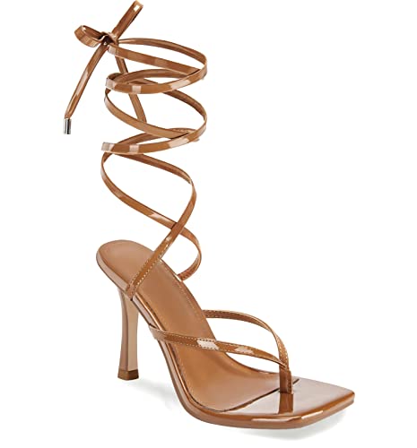 Coutgo Womens Strappy Thong Heels Sandals Sexy Lace up Wrap Ankle Strap Square Toe High Heeled Dress Summer Party Shoes - Main Image