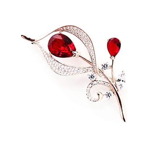 Hanie Flower Brooch for Women, Rose Gold Pin Brooch with White & Red Cubic Zirconia, Come with Stainless Steel Chain, can Wear as Necklace Suitable for Sweater Coat, Perfect as Cover