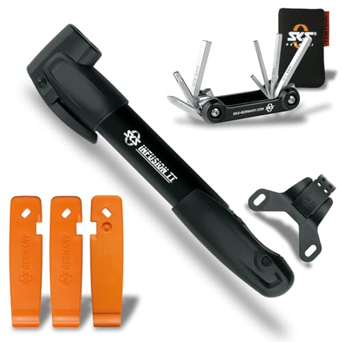 SKS GERMANY SET 3-teiliges Werkzeugset (Fahrradzubehör bestehend aus Reifenheber-Set, Mini-Luftpumpe und Werkzeug-Multitool, kleine Helfer für die Mountainbike-Tour)