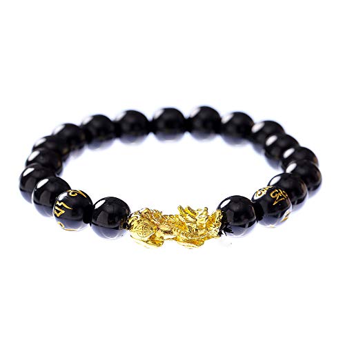 Prime Fengshui Porsperity Feng Shui Pulsera de Cuentas Negras con Chapado en Oro Pi Xiu/Pi Yao atraer Riqueza y Buena Suerte