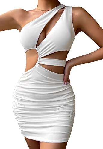 SEAUR Damen Minikleid Eng Kurz Sommer Kleid Weiß Sexy Partykleid Ein Schulter Abendkleid - L