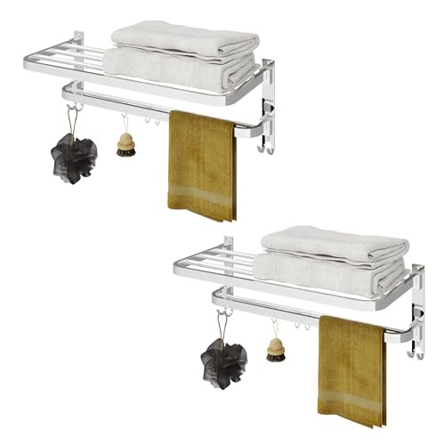 Image of GRIVAN Premium Stainless Steel Towel Stand in Bathroom | Foldable Bathroom Cloth Hangers for Wall | Towel Rack Holder in Bathroom Accessories Set (Silver Chrome, Pack of 2)