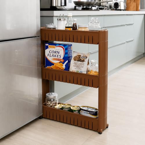 Image of JD FRESH 3-Tier Slim Rolling Storage Organizer Rack /Fridge Side Storage Rack /Plastic Trolley Storage Stand with Wheels /Floor Standing Cabinet for Bathroom and Kitchen Corner Area (Brown)