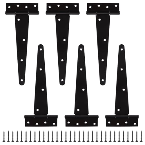Acrux7 6 PCS Heavy Duty Gate Hinge 10 Inch T Strap Hinges, Metal Shed Barn Door Hinges with Screws, Black Strap Gate Hinge Outrdoor for Barn Doors, Shed Door, Wooden Fence