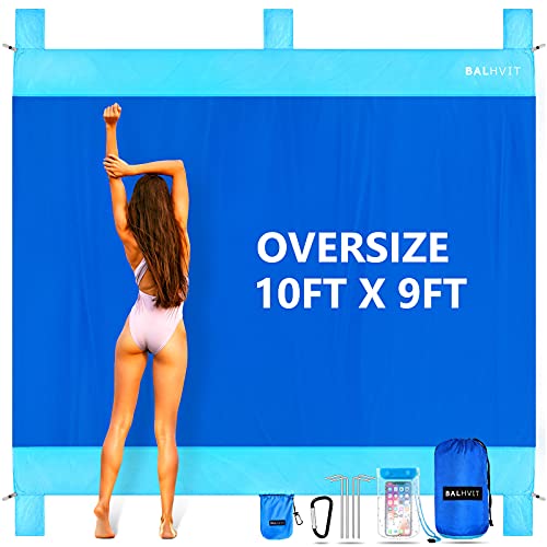 Balhvit Sandproof Beach Blanket, 10'x9' Oversize Sand Free Beach Mat for 7 Adults, Waterproof Fast Drying Durable Outdoor Picnic Mat with 5 Pockets & 4 Stakes for Travel, Hiking, Music Festivals