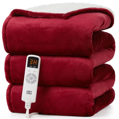 EHEYCIGA Heated Blanket Electric Blanket Throw - Heating Blanket with 6 Heating Levels & 10 Hours Auto Off, Soft Cozy Sherpa Washable Blanket with Fast Heating, 50 x 60 Inches, Burgundy