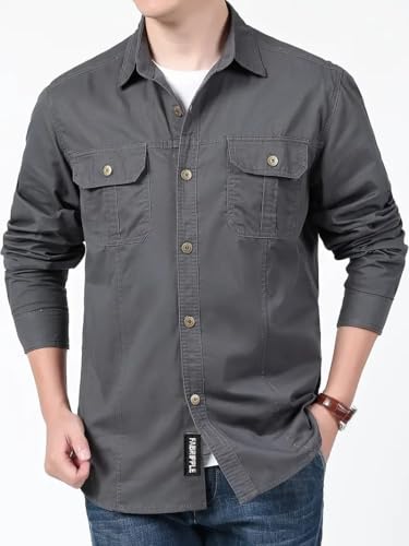 Image of FABRIPPLE Men's Cargo Jacket Shirt | 100% Cotton | 6 Pocket Utility Overshirt | Casual & Outdoor Wear | Breathable & Lightweight Fabric