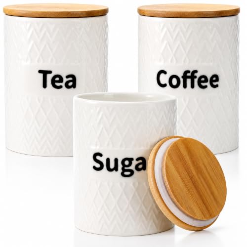 Peohud 3 Pack Ceramic Kitchen Canister Set, 29oz Airtight Food Storage Jars with Bamboo Lids, Tea Coffee Sugar Container Set for Counter, Kitchen Decor