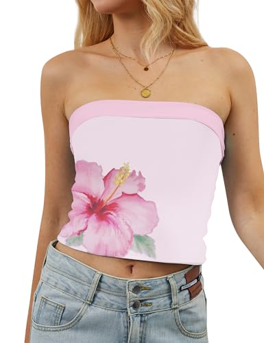 TERIVEEK Women Strapless Reversible Foldover Tube Top Y2K Floral