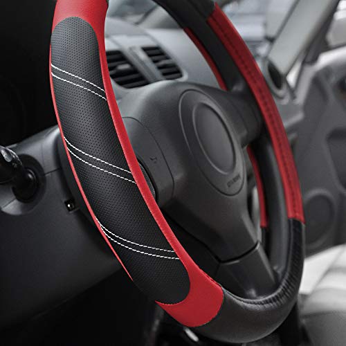 Image of Elantrip Leather Steering Wheel Cover 15 1 /2 to 16 inch Universal Large Grip Breathable for Car Truck SUV Jeep Anti Slip Black and Red