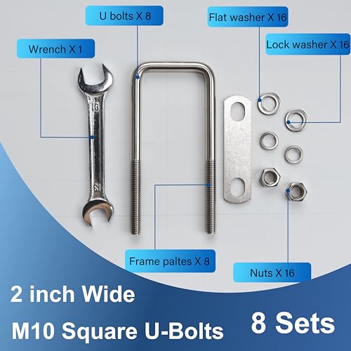 Image of 8 Pcs M10 Square U Bolts 2 Inch Wide, 3 /8 inch x 2 inchW x 5-1 /8 inchL | 304 Stainless U Bolt Heavy Duty with Nuts,Bolt Plate and Washers,Square U Bolts 2 inch Wide,Metric bolts