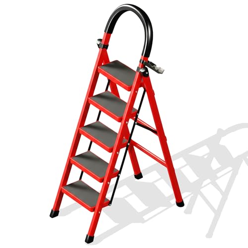 Foldable Ladder 5 Steps Heavy Duty Steel Step Ladder for Home with Wide Anti-Slip Pedal Compact Folding Stairs for Kitchen Garden Garage Storage (Red 5 Steps)