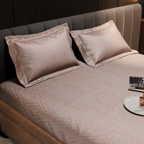 Image of Stoa Paris 300TC UltraSatin Double Fitted Bedsheet Set with 2 Pillow Covers, Gentle on Skin & Hair, Wrinkle & Fade Resistant, Home Decor, Gift for Couple, Starlit Night - Champagne (152cmx198cm+30cm)