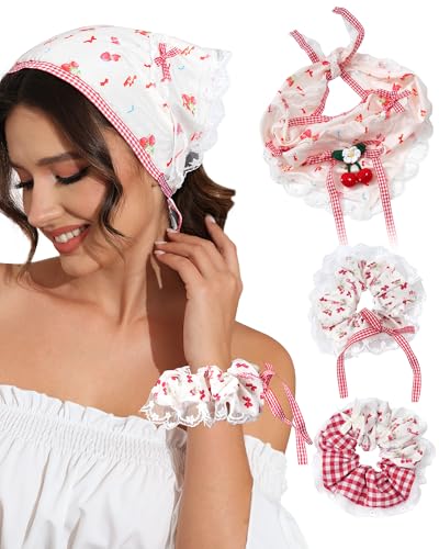 Molans 3Pcs Floral Hair Bandanas Scarf for Women, Chiffon Head Scarf Kerchief with Scrunchie(Strawberry)