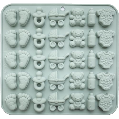 ScivoKaval Baby Shower Silicone Mold with Onesie Pacifier Bottle Baby Footprint Bear Carriage Mold for Chocolate Cake Candy Gummy Cupcake Decoration Party Cupcake Topper