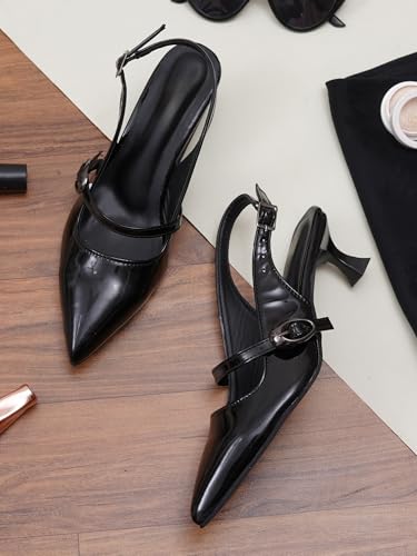Image of TRYME Kitten Heel Sandals for Women | Pointed Toe Mules with Adjustable Strap | Elegant Comfort Heels for Office, Evening & Formal Occasions