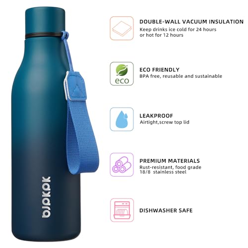 Image of BJPKPK Insulated Water Bottles, 18 oz Stainless Steel Metal Water Bottle with Strap, BPA Free Leak Proof Jugs, Mugs, Flasks, Reusable Thermal Flasks for Sports & Travel, Sea