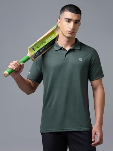 Image of TECHNOSPORT Men's DOUBLECOOL Melange Slim Fit Polo T-Shirt Quick Dry Performance Sports Polo with UPF 50+, Anti-Odour, Anti-Microbial & 2-Way Stretch Golf, Gym, Training & Casual Wear