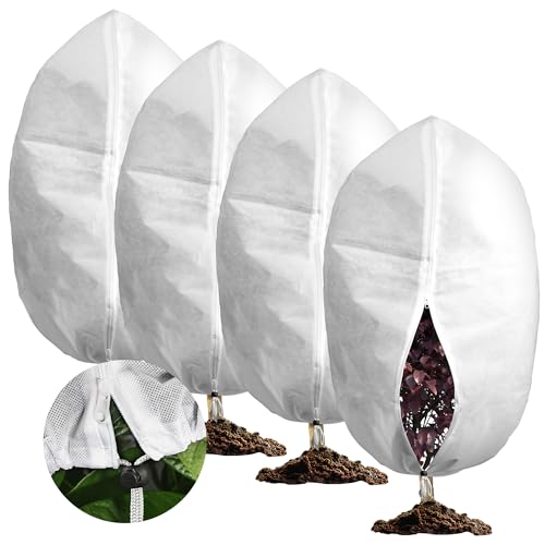 Housse Hivernage Plante, Lot de 4 Voile Hivernage Plante Exterieur 60x80cm Avec Fermeture Éclair et Cordon de Serrage, 70g/m² Housses de Protection pour Plantes, Anti-Gel et Intempéries, Réutilisable