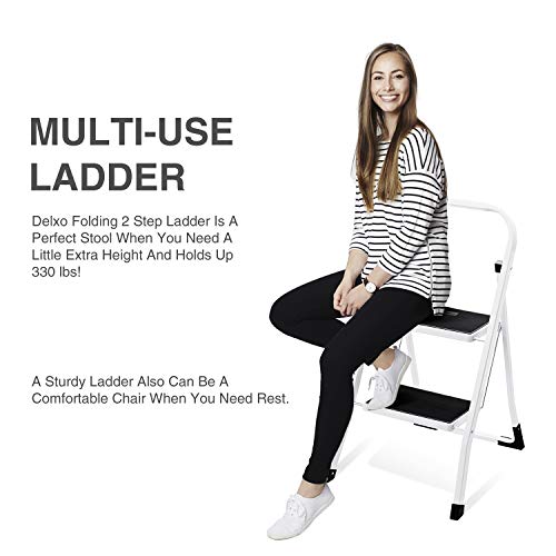 Delxo 2 Step Stool,2 Step Folding Step Stool with Handgrip, Lightweight But Heavy Duty 2 Step Ladder Multi-Use for Household, Kitchen and Office Portable 2 Step Steel Ladder 330lbs White (2 Feet)