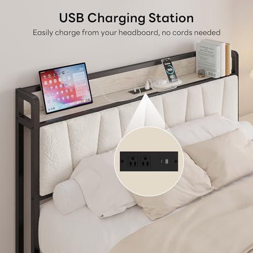 Image of LIKIMIO Full Bed Frames, Boucle Storage Headboard with Charging Station, Solid and Stable, Noise Free, No Box Spring Needed, Easy Assembly