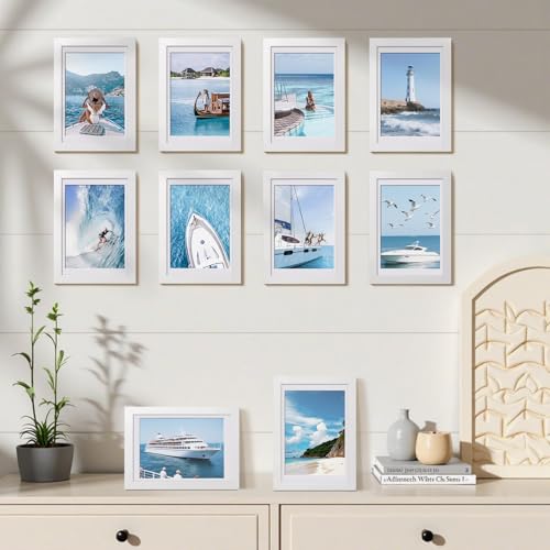HappyHapi 4x6 Picture Frames Set of 10, Tabletop or Wall Display Pictures 3.5x5 with Mat or 4x6 Without, Multi Photo Frames Collage (White)