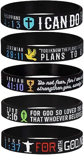 5-Pack Power of Faith Inspirational Christian Bible Verse Silicone Bracelets - Philippians 4:13, Jeremiah 29:11, Isaiah 41:10, John 3:16, Luke 1:37, Church Gifts for Men Women, Party Favors (Unisex)