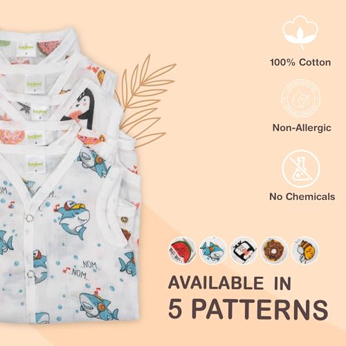 Image of BAYBEE 100% Organic Cotton Muslin Button Jablas | Sleeveless Baby Vest Jabala Pack (Assorted, Age 9-12 Months, 5 Pieces)