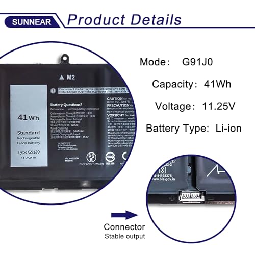 Image of 41Wh G91J0 Laptop Battery Dell Latitude 3520 3420 3320 3330 Inspiron 3510 3511 3515 3525 3530 5310 5410 5418 5510 5515 5518 14 Plus 7420 7415 2-in-1 Vostro 5620 5625 11.25V