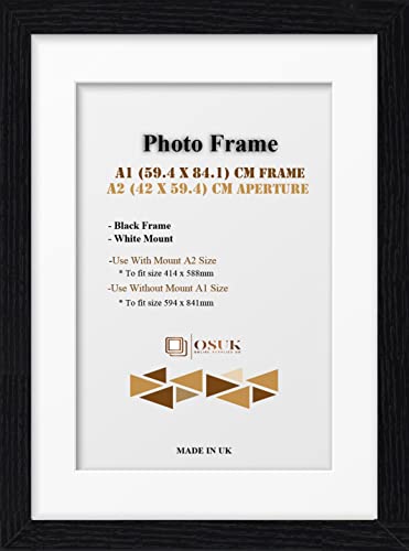 OSUK Black A1 Frame With A2 Mount - Modern Photo Frame With White Mount - Clear Perspex Front & Wall Mounting Poster Frame - Black A1 Picture Frame With A2 White Mount