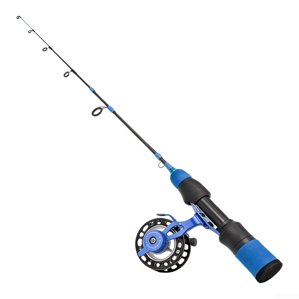 Canne à pêche sur glace de 57 cm en carbone avec poignée courte et action douce avec trois sections de pointe x 3 pour la pêche en hiver, moulinet à pied haut, noir, bleu, design léger